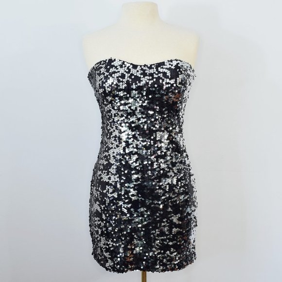 As U Wish Two Way Sequin Strapless Bodycon Evening Cocktail Dress Black Silver M - Picture 2 of 13